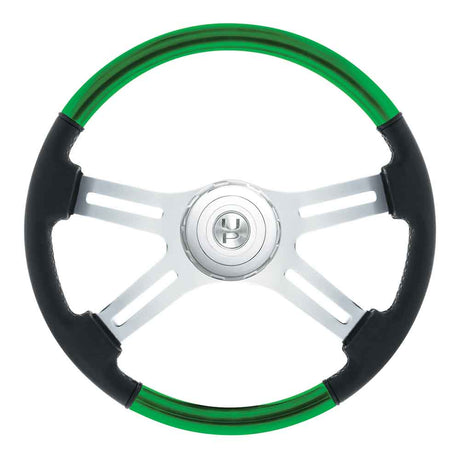 18" Green leather and wood 4 spoke steering wheel with chrome horn bezel