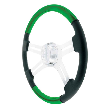 18" Green leather and wood 4 spoke steering wheel with chrome horn bezel, close-up