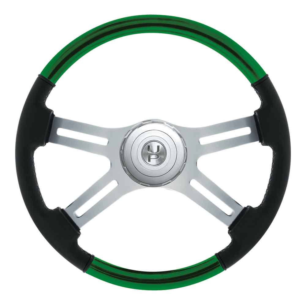 18" Leather & Wood 4 Spoke Steering Wheel with Chrome Horn Bezel