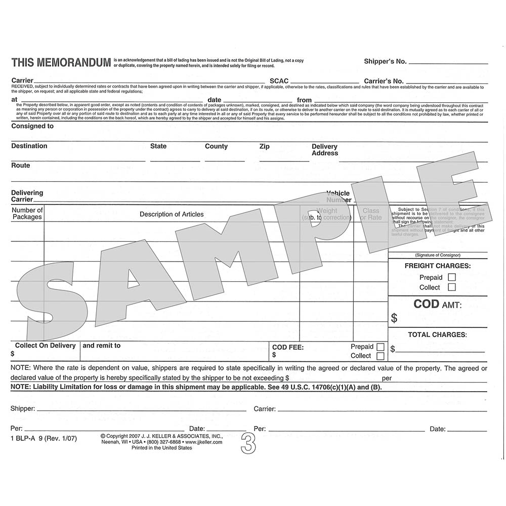 Straight Bill Of Lading Short Form