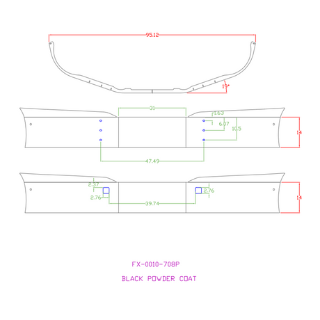 Close-up of 14" KW T680 gen II 2021+ black setback axle bumper with tow hole cutouts