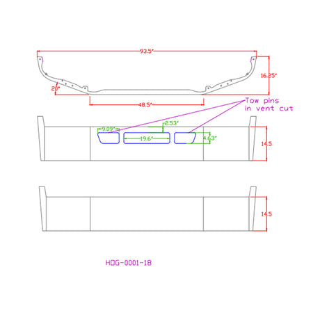 12" Peterbilt 536 and 537 (2021 and newer) set forward axle chrome bumper with vent cutouts, close-up