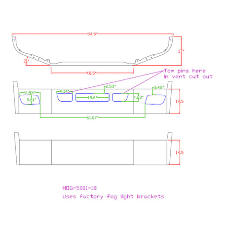 12" Peterbilt 536, 537 set forward axle chrome bumper with fog and vent cutouts, close-up