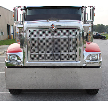 International 9900i/9900ix stainless steel 20" standard mount boxed end bumper with 3/4" under glow cutouts, close-up