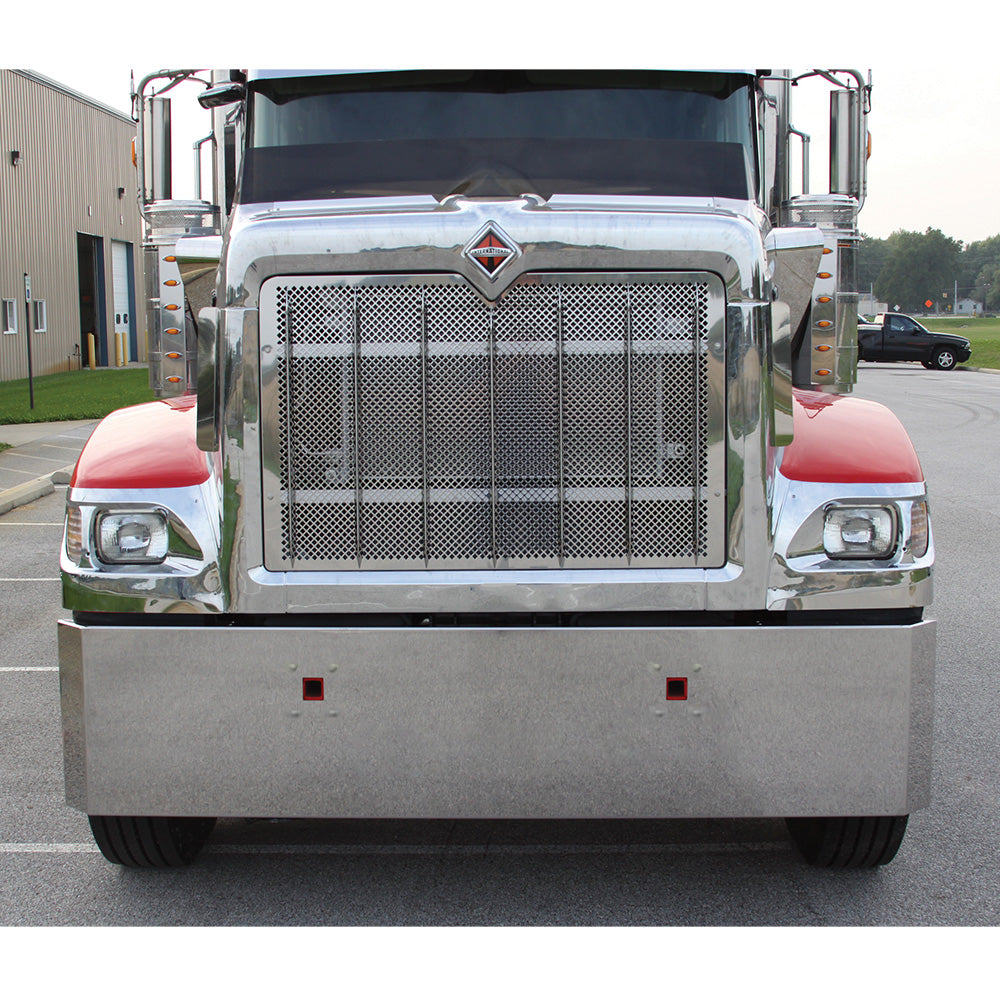 International 9900i/9900ix  Stainless Steel 20" Mitered End Bumper with  ¾" Under Glow Cutouts and Tow Hooks