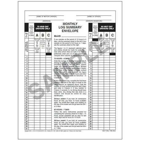 Monthly log summary envelope (5 Pk)