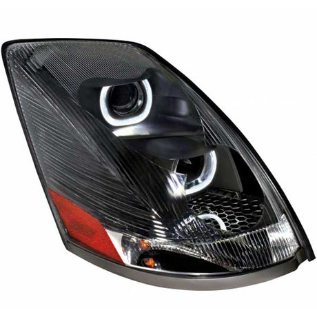 Close-up of Volvo VN blackout projection headlights with LED
