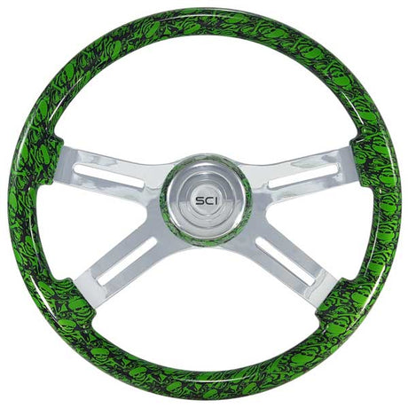 Closer view of 18" Small skull print 4 spoke steering wheel