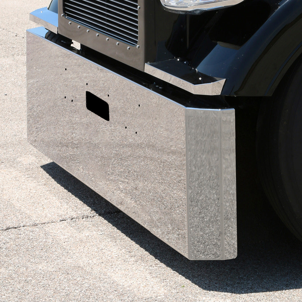 Peterbilt 379 Stainless Steel 18" Switchback End Bumper with 3/4" Under Glow Light Cutouts and Tow Hole